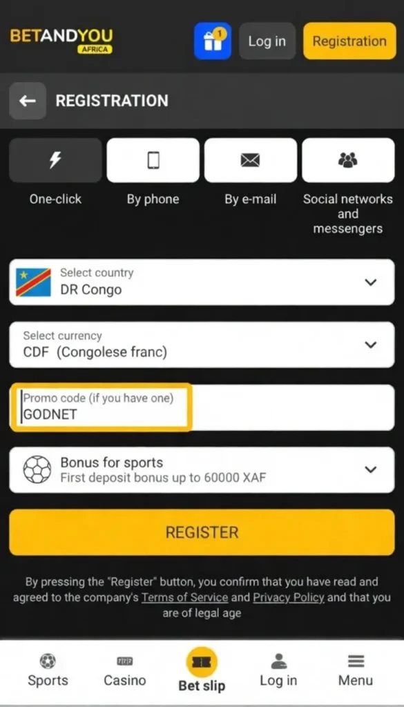 interface d'inscription dans l'application Betandyou RDC