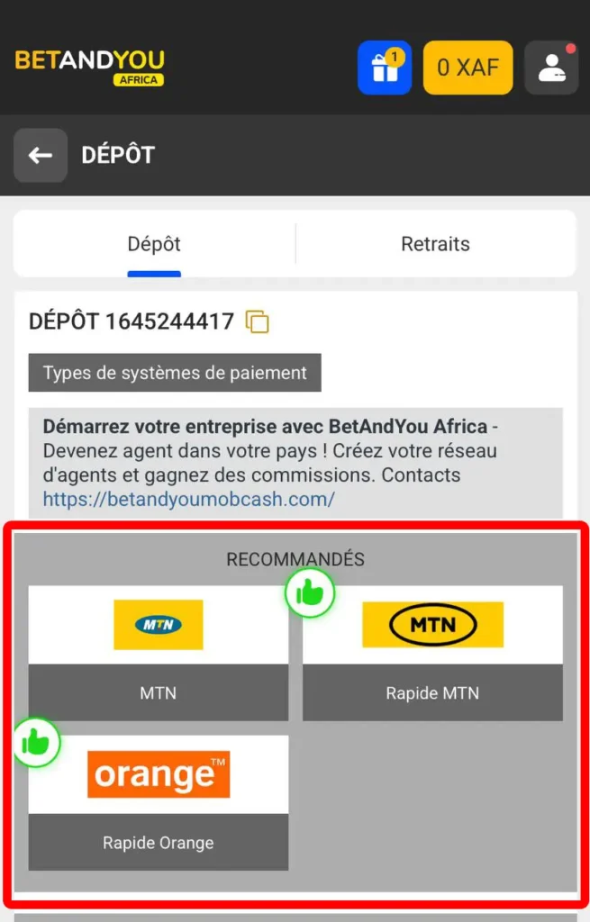 Capture de de la page de Dépôt de betandyou africa avec MTN et Orange Money