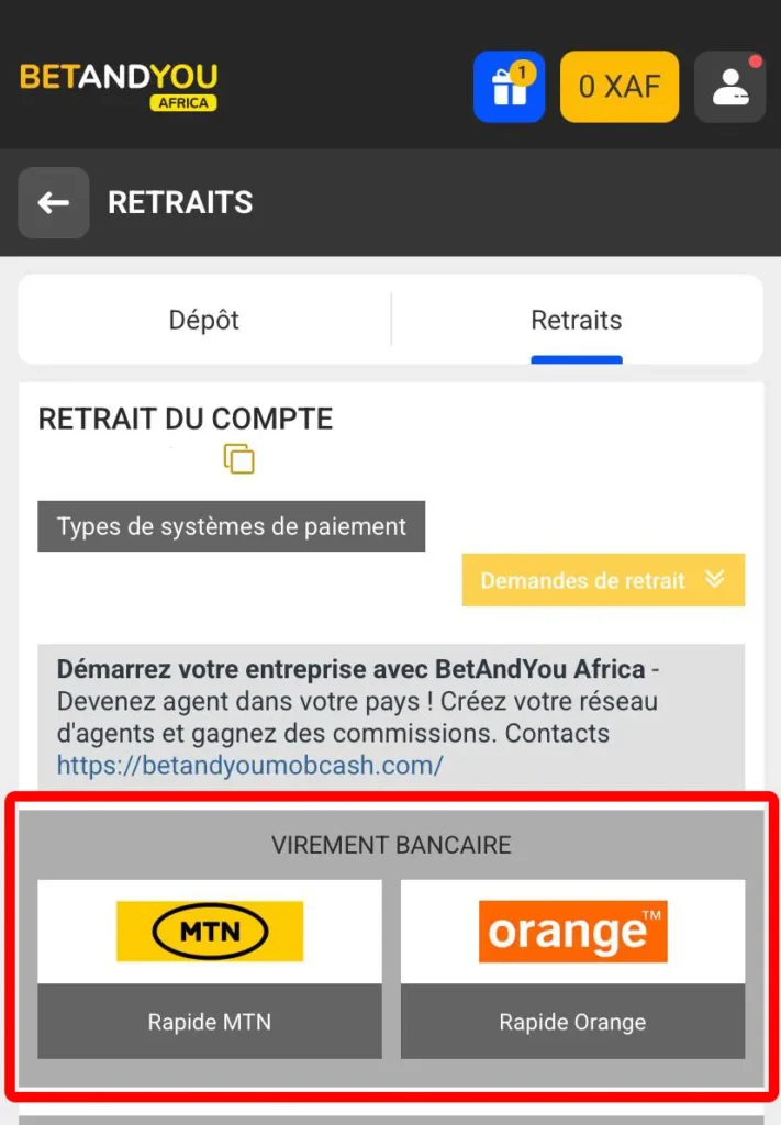 Capture de de la page de retrait de betandyou africa avec MTN et Orange Money